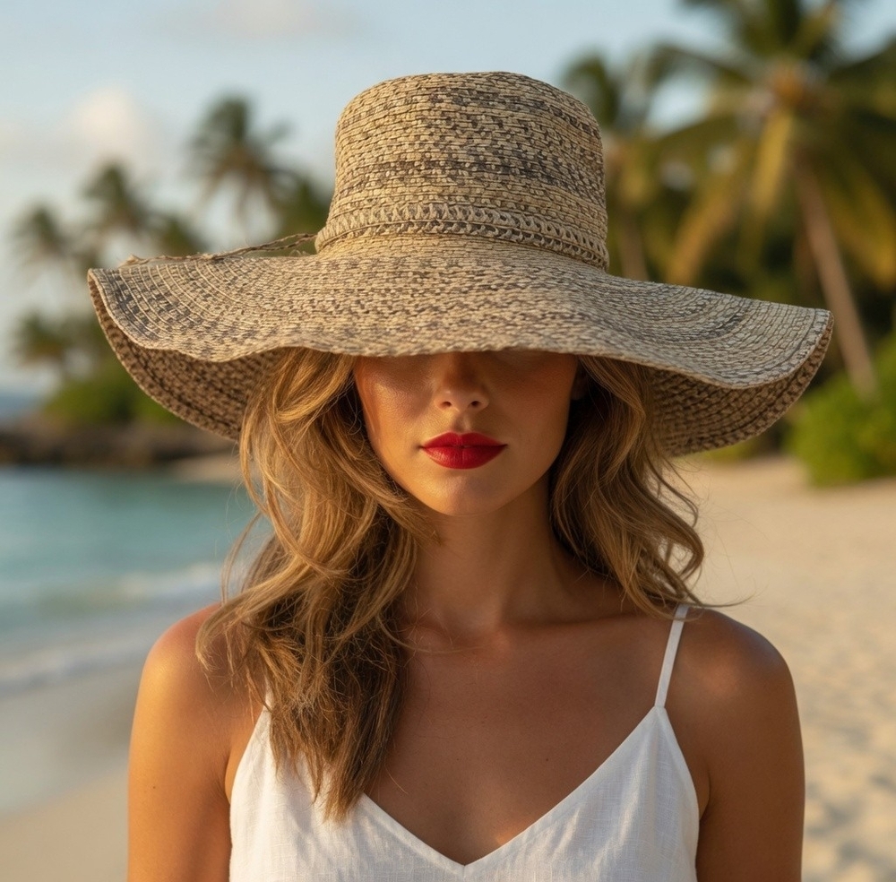 David & Young Wide Brim Floppy Sun Hat Paper Straw Mixed Tweed Natural Gray VG